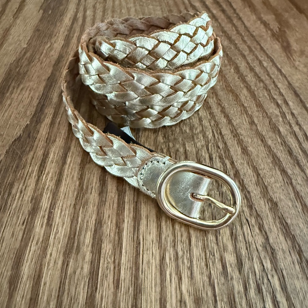 Ann Taylor Braided Metallic Gold Leather Belt with Gold Buckle